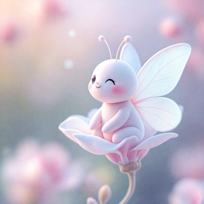 The primary subject of the image is a small, cute, and colorful butterfly figurine. It is sitting on top of a pink flower, which serves as the setting or background of the scene. The visual style of the image is digital art, as it is a well-crafted and detailed illustration. The colors and mood of the image are predominantly pink and cheerful, creating a warm and inviting atmosphere.